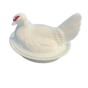John E. Kemble Glassworks White Milk Glass Hen on best 7” Vintage Farmhouse